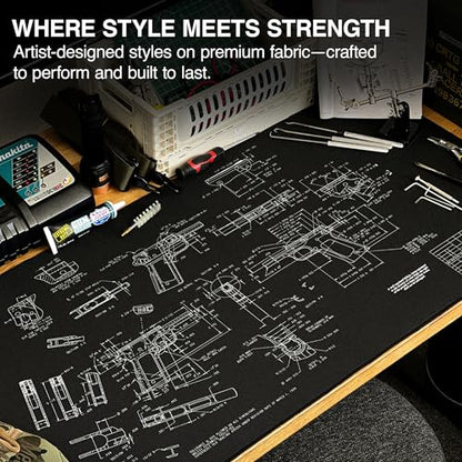 MPCO. Blueprints Large Gaming Desk Pad - 36" x 17" Duraglyde Fabric Browning 1911 – Black Desk Mats - Non-Slip, Washable, Smooth Glide for Precision Gaming & Work - color: Duraglyde Browning 1911 – Black
