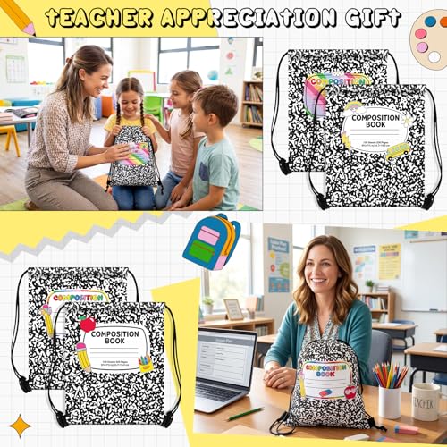 Yiyiring 16 Pcs Teacher Appreciation Drawstring Gift Bags, 12 x 10'' Composition Book Bag with 4 School Themed Designs Apples Pencils Gift Bags for Teacher End of Year Graduation Party (Composition) - style: Composition