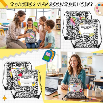 Yiyiring 16 Pcs Teacher Appreciation Drawstring Gift Bags, 12 x 10'' Composition Book Bag with 4 School Themed Designs Apples Pencils Gift Bags for Teacher End of Year Graduation Party (Composition) - style: Composition