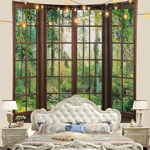 Aidatain Green Forest Natural Tapestry Window Scenery Wall Aesthetic Tapestry for Bedroom Flannel 60" L x 60" W Beach Blanket Living Dinning Room College Dorm Wall Hanging GTDJAT0090 - size: 60"L x 60"W