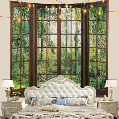 Aidatain Green Forest Natural Tapestry Window Scenery Wall Aesthetic Tapestry for Bedroom Flannel 60" L x 60" W Beach Blanket Living Dinning Room College Dorm Wall Hanging GTDJAT0090 - size: 60"L x 60"W