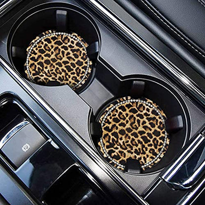 Leopard Print Bling Rhinestone Anti Slip Coasters - 2.75" Insert Suitable for Most Cars - 2PCS - color: Leopard