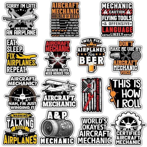 SODAVA Aircraft Mechanic Sticker Pack 15 Pcs 3x3 Inch, Aviation Technician Maintenance Decals, Waterproof Vinyl Stickers for Car Laptop Helmet Toolbox Notebook - color: Aircraft Mechanic