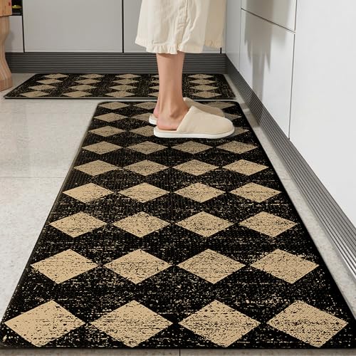 Black Brown Moroccan Trellis Checkered Kitchen Rug Sets [2 PCs], Anti-Fatigue, Waterproof Non-Slip Kitchen Mats Heavy Duty Ergonomic Comfort Foam Rug for Floor, Home, Laundry,17"x29"+17"x47" - color: Trellis-black & Brown, size: 17.3"x29"+17.3"x47"-0.4"H