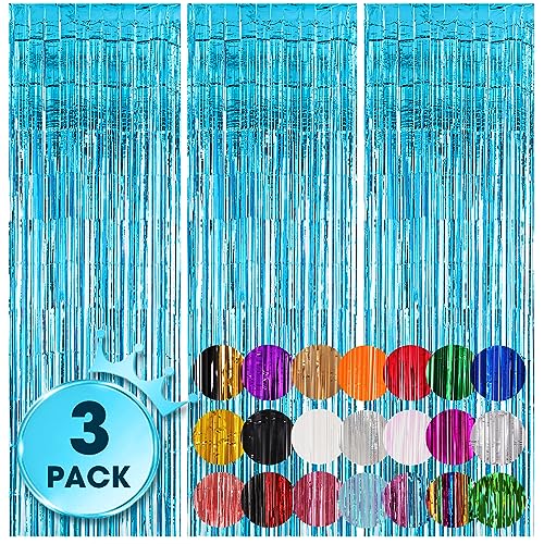 Voircoloria 3 Pack 3.3x8.2 Feet Light Blue Foil Fringe Backdrop Curtains, Tinsel Streamers Birthday Party Decorations, Fringe Backdrop for Graduation, Baby Shower, Gender Reveal, Disco Party - color: 14 Light Blue