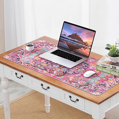 iLeadon Desk Mat Set, Mouse Pad with Wrist Rest + Keyboard Wrist Rest + Large Mouse Pad + Coaster, 4in1 Rug Large Gaming Mouse Pad Set for Home Office, Boho Retro Art - color: Boho Retro Art