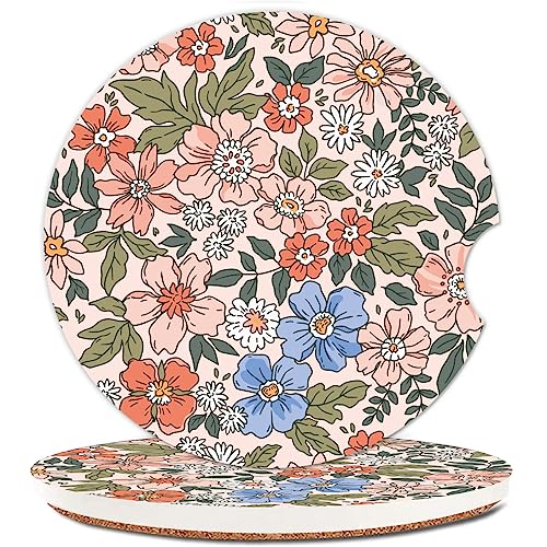 Absorbent Car Cupholder Coaster 2 Pack, Cute Car Coasters with a Finger Notch for Women & Men,2.56" Ceramic Stone & Non-Scratch Cork Base Drink Coasters (Cute Flowers&Grass) - color: Cute Flowers&grass