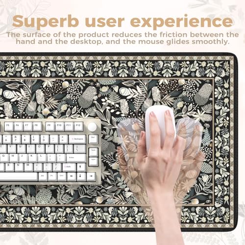 iCasso Black Desk Mat,Big Mouse Pad with Stitched Edges,Gaming Computer Pad for Desktop,Anti-Slip Keyboard Mat for Women Girl,Large Desk Cover Mat for Office Home School - color: A-plant-black