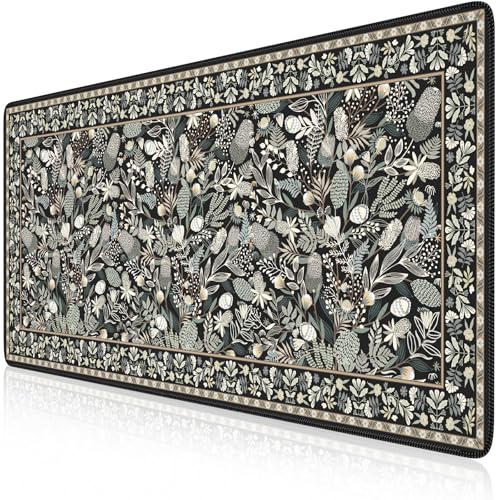iCasso Black Desk Mat,Big Mouse Pad with Stitched Edges,Gaming Computer Pad for Desktop,Anti-Slip Keyboard Mat for Women Girl,Large Desk Cover Mat for Office Home School - color: A-plant-black