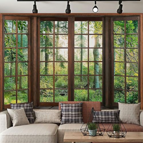 Aidatain Green Forest Natural Tapestry Window Scenery Wall Aesthetic Tapestry for Bedroom Flannel 93" L x 71" W Beach Blanket Living Dinning Room College Dorm Wall Hanging GTDJAT0093 - size: 93"L x 71"W