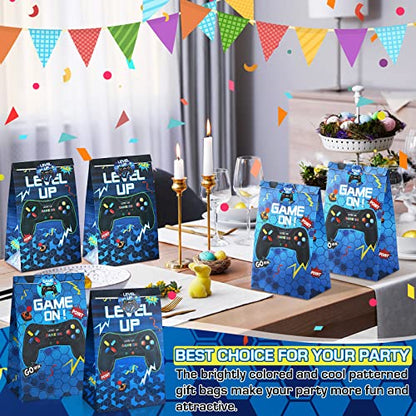 Geosar 30 Pack Video Game Party Favor Paper Bags Game on Goodie Candy Gift Bags with 30 Stickers Level up Reusable Goodie Treat Snacks Supplies for Boys Kids Gaming Birthday Party(Blue) - color: Blue