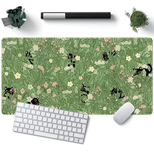 Green Desk Mat XL Cat Cute Plant Cool Desk Pad Keyboard Mat Kawaii Black Cat Flower Mouse Pad Green Desk Mat Desk Decor with Stitched Edges Non-Slip Large Computer Mat 31.5x15.7in - color: B-cat in the Meadow