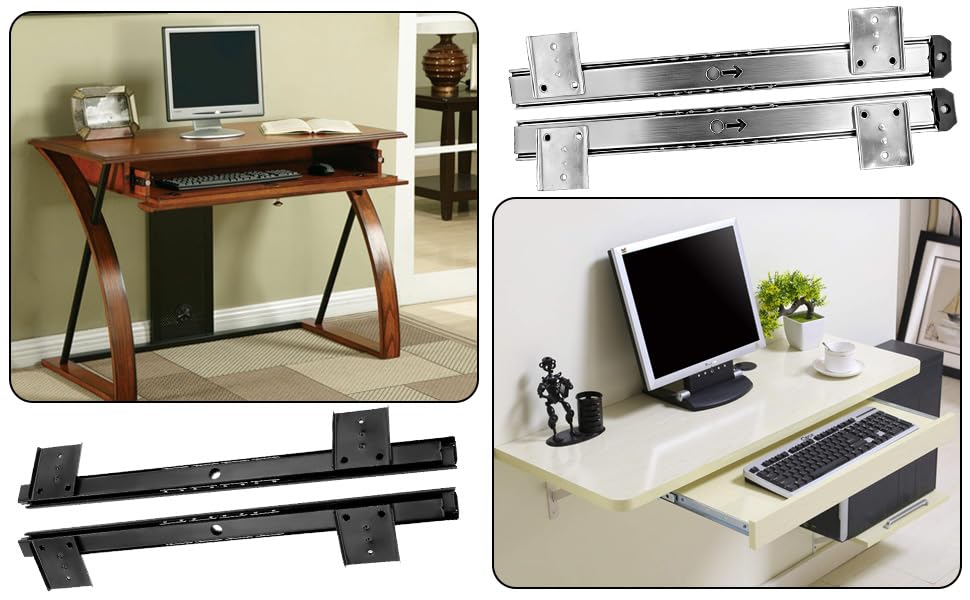 KUMGROT Keyboard Tray Slides 14" Silver Cold Rolled Steel Computer Drawer Tray Ball Bearing Keyboard Slides with Adjustable Height Bracket - color: Silver, size: W:1.38"/T:0.3"