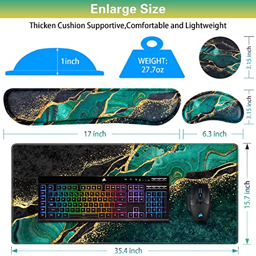 Canjoy Gaming Mouse Pad Set, 4-in-1 XXL Large Mouse Pad + Keyboard Wrist Rest Support+ Coaster, (35.4×15.7 in) Extended Desk Pad Memory Foam Non-Slip Desk Mat for Home Office - color: Dark Green Gold Marble