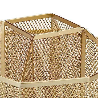 Annova Mesh Desk Organizer Rotate with 5 Compartments Spinning Tidy Candy/Pen Holder Office, Art Supply, Storage, Classroom, Home (Gold) - color: Gold