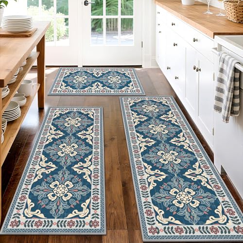 3-Piece Kitchen Rugs, Non-Slip & Washable Floor Mats, Water-Absorbent Area Pad, Standing Desk Mat for Office, Home, Doorway, Laundry, Kitchen Accessories (Retro Blue) - color: Retro Blue, size: 20"x32"+20"x48"+20"x59"