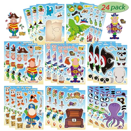 24 Sheets Pirate Stickers for Kids, Make Your Own Pirate Stickers, Make-a-face Stickers, Jolly Roger Stickers, Skull and Crossbones Stickers, Pirate Themed Party Decorations - style: Pirate Theme