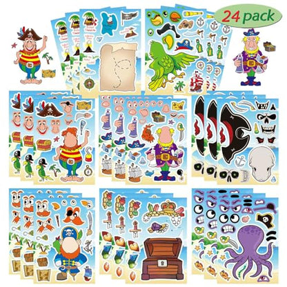 24 Sheets Pirate Stickers for Kids, Make Your Own Pirate Stickers, Make-a-face Stickers, Jolly Roger Stickers, Skull and Crossbones Stickers, Pirate Themed Party Decorations - style: Pirate Theme
