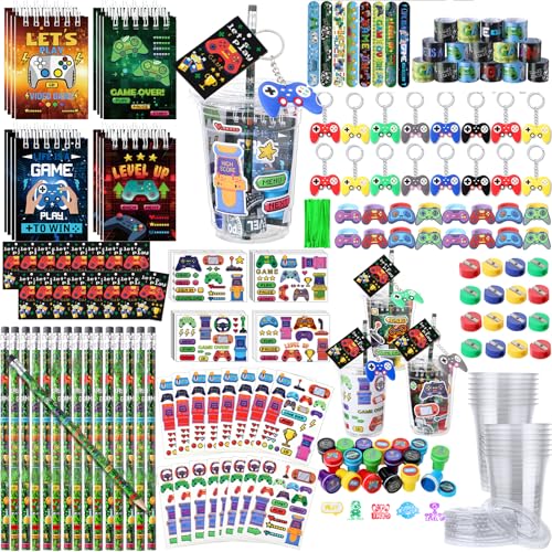 RoundFunny 133 Pcs Video Game Party Favors Gamer Birthday Party Decorations Gamer Cups Notebook Pencils Sharpener Keychain Slap Bracelets Ring Stamp Sticker for Gaming Supplies Reward Gift