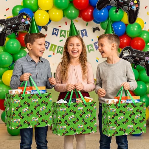 Large Video Game Birthday Gift Bag with Wrapping Tissue Paper and Greeting Card Green Gaming Controller Present Wrapping Bag for Boys Kids Teens Gamers Happy Birthday Party Supplies Gifts Son Grandson