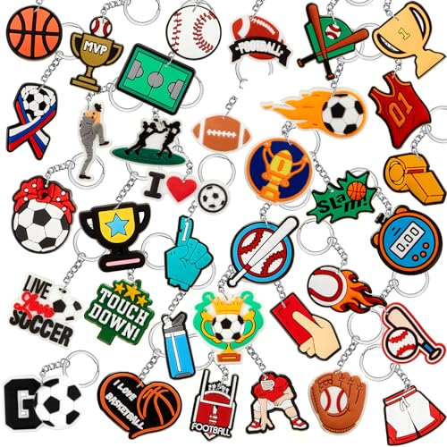 Batiyeer 36 Pack Basketball Keychains Bulk Basketball Party Favors Sports Key Chains Funny Ball Key Ring for Women Men Sport Team Players Birthday Carnival Prizes Gift Fillers - style: Sport