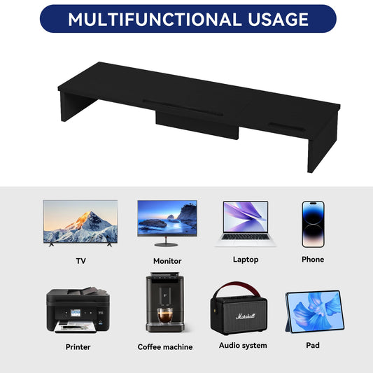 Dual Monitor Stand Riser with Phone Tablet Holder, 35.8in Large Monitor Stand for Desk, Computer Monitor Stand for 2 Monitors, Desk Shelf for Top of Desk, Desktop Organizer for Laptop, Printer, TV - color: 35.7" Black