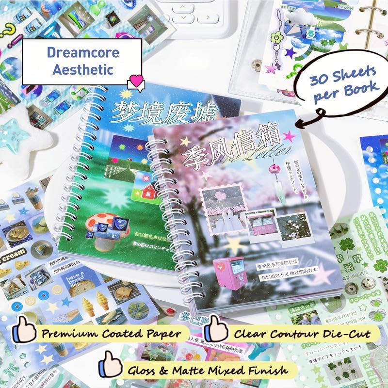 Japanese Sticker Book - 30 Sheet Sticker Book for Journaling & Scrapbooking | Glossy, Matte & Textured | No Halo Cut | Monsoon Postbox or Prayer Board Supplies-Vision Board Supplies - color: Monsoon