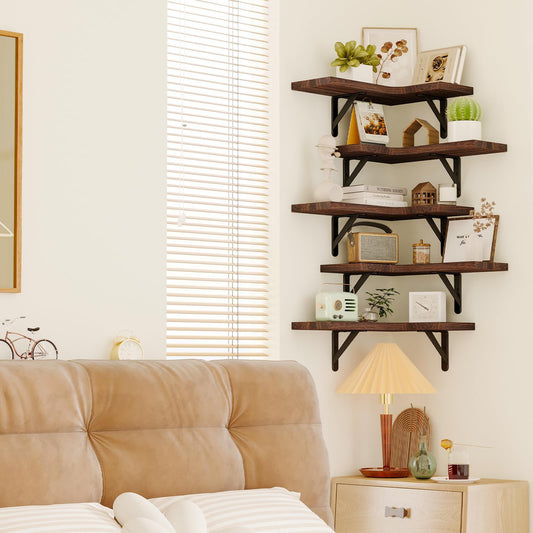 Fixwal Floating Shelves for Wall Set of 5, Rustic Wood Wall Mounted Corner Shelf for Bathroom, Kitchen, Bedroom, Home Decor, Laundry Room, Living Room (Walnut Brown) - color: 6-walnut Brown