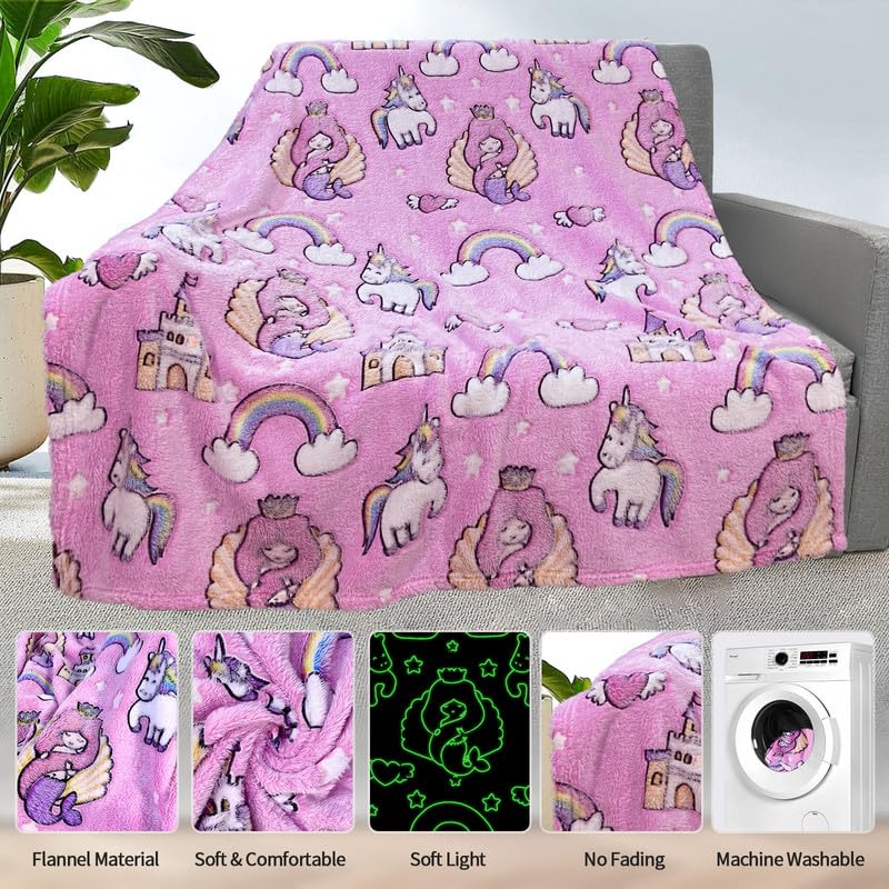 COMFAR Mermaid Blanket for Girls 4-6, Mermaid Gifts, Kids Blanket, 40"x 50", Pink, Glow in the Dark - color: Mermaid, size: 40"x 50"