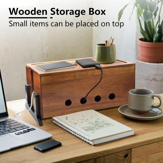 Large Cable Management Box, Wood Cord Hider Box & Organizer for Power Strip Hider Cable Storage for Office, TV Wires, Desk Cord Organizer, 14.1" x 6" x 6.3", Vintage Walnut - color: Vintage Walnut