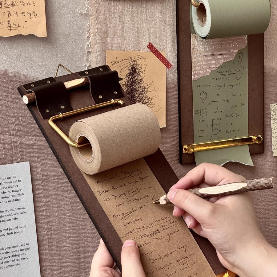 Rustic Hanging Memo Board with 1 Khaki Gray Paper Roll – Vintage Wall Mounted Clipboard Notepad, Tear-Off Writing Pad for Notes, Menu Display, Café, Restaurant, Home and Office - style: Khaki Gray Board + 1 Roll