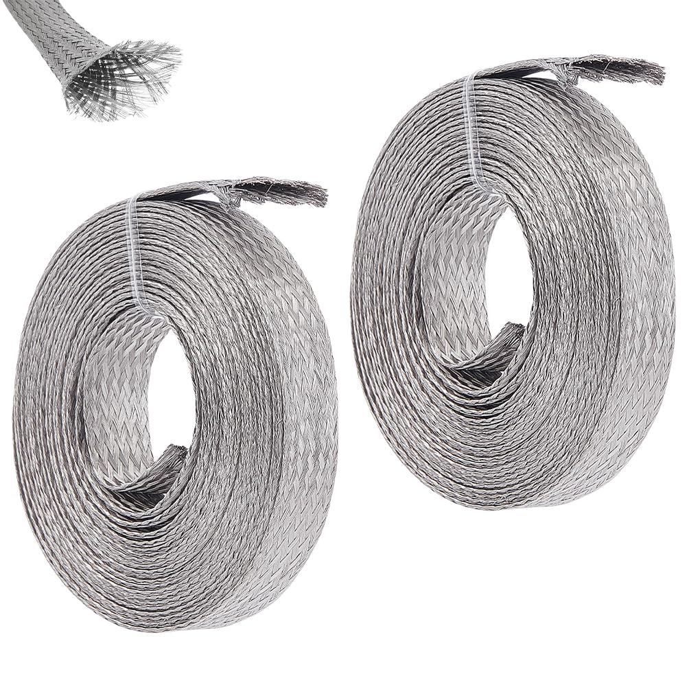 UNICRAFTALE 3/5 inch Wide Braided Sleeving Braid Stainless Steel Cable Wire Shielding Sleeve Ground Straps Protection Metal Mesh Flexible Expandable Scalable Ribbon Wire for Protect Cable 26 Feet - size: 8m x 15mm