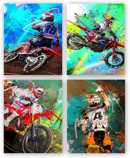 HUACANVASART Motorcycle and Racer Poster Wall Art Prints, Watercolor Abstract Motorcycle Racing Racer Art, Set of 4, 10x8 Inch, Unframed, Indoor, Living Room, Bedroom, Home Office, Kids Room