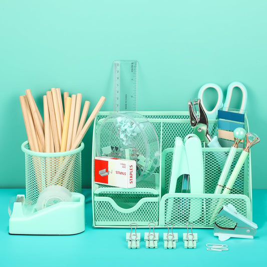 auroray Green Desk Organizers and Accessories, Teal Office Supplies Set Green Mesh Desk Organizer, Stapler, Tape Dispenser, 1000 Staples, Staple Remover, Pen Holder, Clips Set, Ruler, Scissors - color: Green