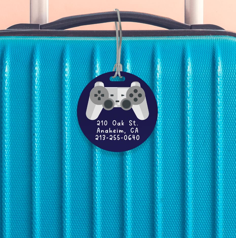 Personalized Gamer Circle Luggage Tag / 4" Round Custom Video Game Bag Tag/Double Sided Durable Plastic Luggage Tag with Plastic Strap/Made in The USA - style: Video Game