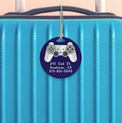 Personalized Gamer Circle Luggage Tag / 4" Round Custom Video Game Bag Tag/Double Sided Durable Plastic Luggage Tag with Plastic Strap/Made in The USA - style: Video Game