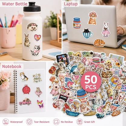 50PCS Cute Watercolor Animal Stickers Vinyl Waterproof Aesthetic Cartoon | Water Bottles, Journals, Laptops, Scrapbooking, Whimsical Decor, Adults - style: animal