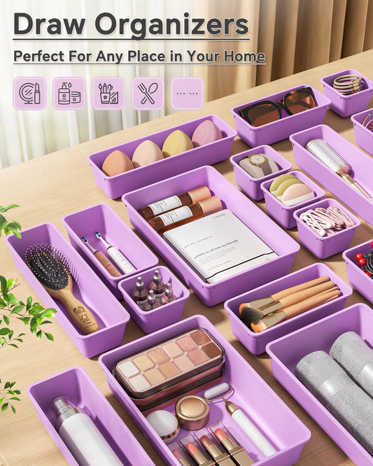 KEMETHY 25 PCS Plastic Drawer Organizers Set, 4 Sizes Vanity Organizer, Makeup and Desk Drawer Organizer Trays, Organization and Storage for Makeup, Bathroom, Kitchen Utensils and Office (Purple) - color: Purple
