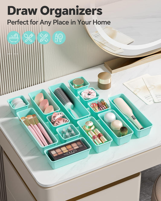 Canfanni 13 Pack Plastic Drawer Organizers Set, 3 Sizes Desk Drawer Organizer Trays for Vanity and Makeup Organizer, Organization and Storage for Makeup, Kitchen Utensils, Bathroom and Office(Blue) - color: Blue