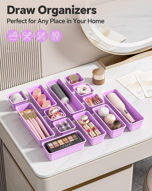 Canfanni 13 Pack Plastic Drawer Organizers Set, 3 Sizes Desk Drawer Organizer Trays for Vanity and Makeup Organizer, Organization and Storage for Makeup, Kitchen Utensils, Bathroom and Office(Purple) - color: Purple