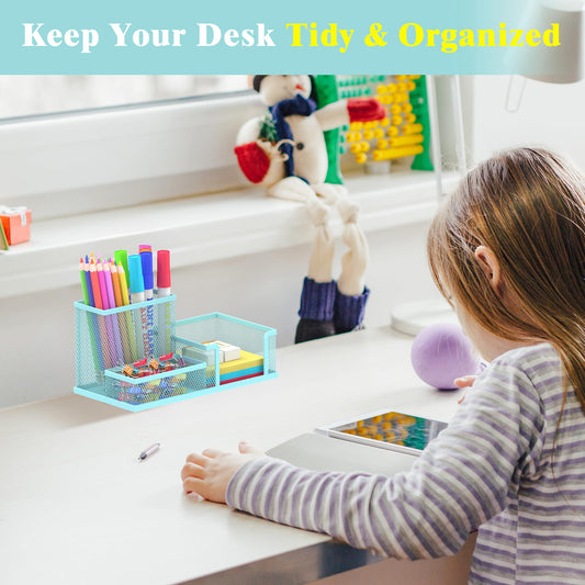 SUPEASY Mesh Pen Holder Desk Organizer, Office Supplies Pencil Storage with 3 Compartments, Office Desk Accessories and Workspace Organizers for Home School, Blue - color: Blue